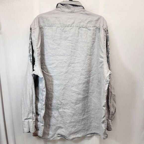 Lucky Brand Linen Shirt Size XXL Embroidered Long-Sleeve Button-up Men's Grey - Picture 2 of 5